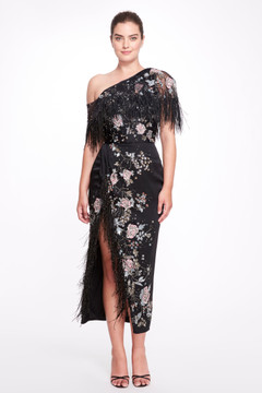 One-Shoulder Floral Midi Dress with Cape One-Shoulder Floral Midi Dress with Cape