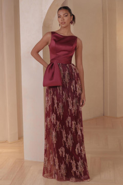 Boat Neck Pleated Floral Gown Boat Neck Pleated Floral Gown