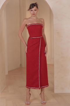 Strapless Midi Dress with Pearl Details Strapless Midi Dress with Pearl Details