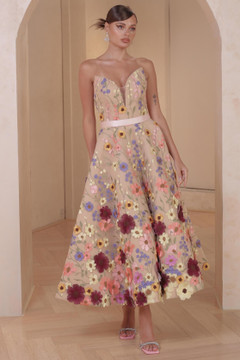 Strapless Floral Tea-Length Dress