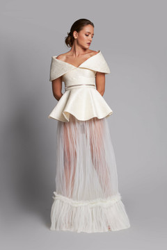 Off the Shoulder Peplum A-Line Gown