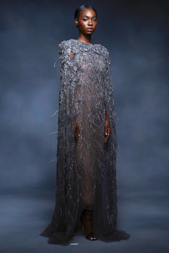 Beaded Feathered Midi Gown with Floor-Length Cape Beaded Feathered Midi Gown with Floor-Length Cape