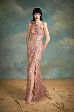 One-Shoulder Metallic Lace Gown