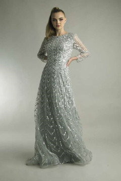 Long Sleeve Sequin Beaded Gown