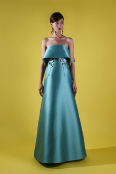 Strapless Ruffled Bust A-Line Gown