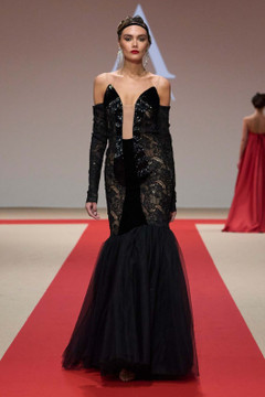 Off Shoulder Long Sleeve Illusion Gown