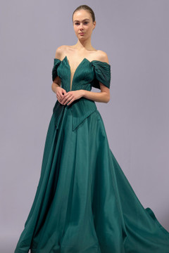 Pleated Off Shoulder A-Line Gown