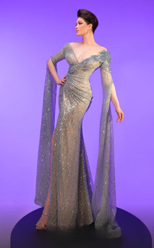 Sequin Cape Sleeve Gown