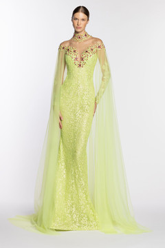 Halter Neck Lace Gown with Tulle Cape Halter Neck Lace Gown with Tulle Cape
