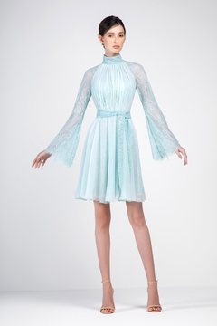 High Collar Chiffon and Lace Dress