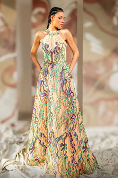 Embellished Sleeveless Halter Neck A-Line Gown