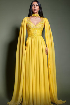 Pleated Embroidered Gown with Cape Sleeves Pleated Embroidered Gown with Cape Sleeves