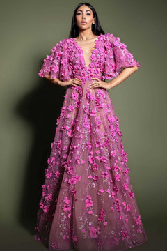 Floral Embellished Gown with Wide Sleeves