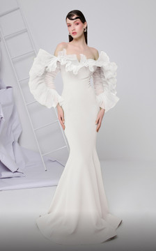 Ruffled Off Shoulder Long Sleeve Gown