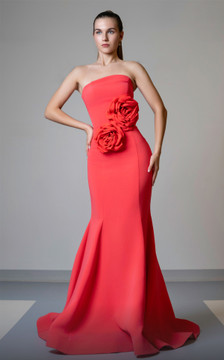 Strapless Flared Gown with Floral Detail Strapless Flared Gown with Floral Detail
