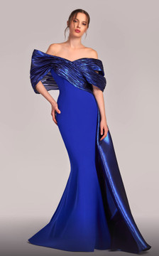Draped Metallic Off Shoulder Gown Draped Metallic Off Shoulder Gown