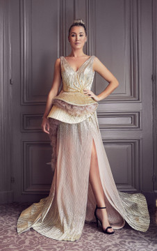 Sleeveless Sculpted Peplum Slit Gown Sleeveless Sculpted Peplum Slit Gown