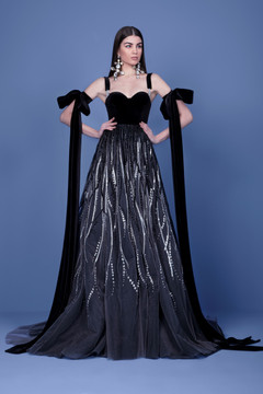 Bow Sleeve Beaded Gown Bow Sleeve Beaded Gown