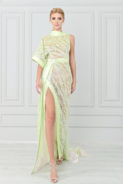 High Neck Short Sleeve Slit Gown High Neck Short Sleeve Slit Gown