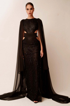 Cut-Out Sequin Cape Sleeve Gown