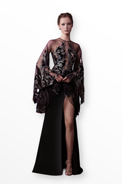 Velvet and Crepe- Thigh-High Slit Gown