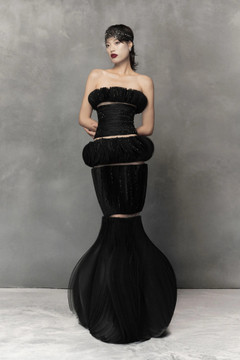 Sculpted Strapless Sheer-Cut Gown
