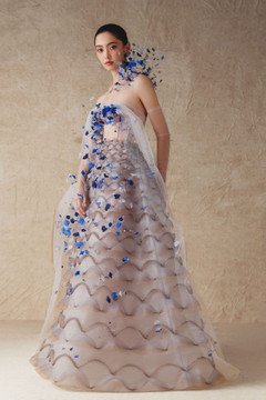 Mesh Top A-Line Gown with Flowers Beads