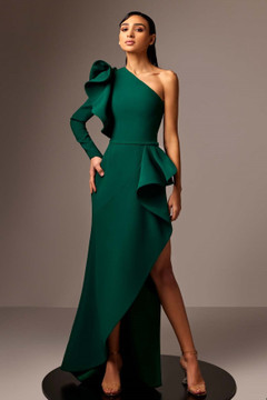 Long Sleeve One Shoulder Crepe Gown