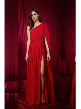Georgette One Shoulder Gown with Cape Sleeve