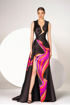 Asymmetric Neckline Printed Mikado Gown