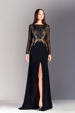 Long Sleeve Embroidered Crepe Gown