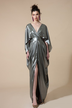 Wide-V Neck Cape Sleeve Gown
