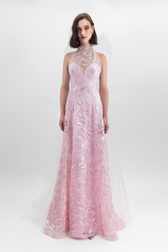 Embroidered Halter Neck Gown