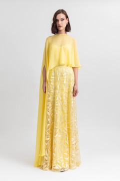 Embroidered Gown with Chiffon Cape