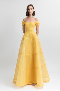 Off Shoulder Corset Mesh Gown