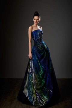Multicolored Silk Print Strapless Gown