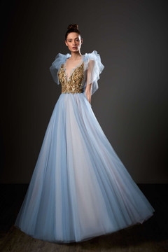 Short Sleeve Pleated A-Line Gown Short Sleeve Pleated A-Line Gown