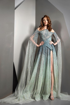 Illusion Neck Cape Sleeve Embellished Gown