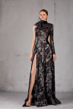 High Neck Feather Embellished Slit Gown High Neck Feather Embellished Slit Gown