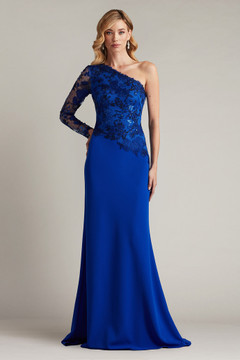 Textured Crepe and Tulle One Sleeve Gown