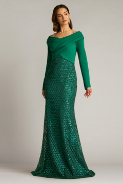 Textured Crepe Embroidered Tulle Gown Textured Crepe Embroidered Tulle Gown
