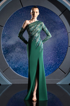 One Sleeve Beaded Crepe Gown One Sleeve Beaded Crepe Gown