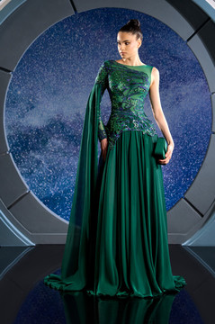 Mousseline Cape Sleeve Embroidered Gown