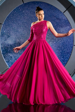 Beaded One Shoulder Mousseline Gown Beaded One Shoulder Mousseline Gown