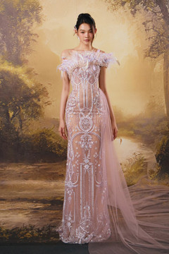 Feather-Embellished Gown