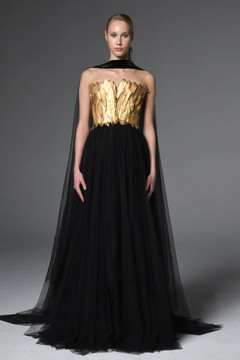Corseted Tulle Gown with Feathers Corseted Tulle Gown with Feathers