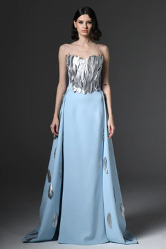 Cr?pe Gown with Feathers on Bustier