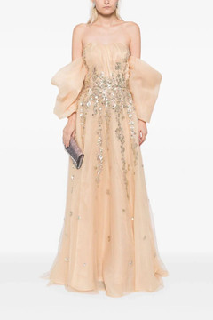 Organza Gown with Dotted Beading and Off Shoulder Sleeves