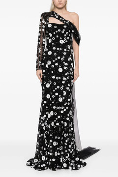 Tulle One Shoulder Gown with Dotted Beading and Tulle Tail Tulle One Shoulder Gown with Dotted Beading and Tulle Tail