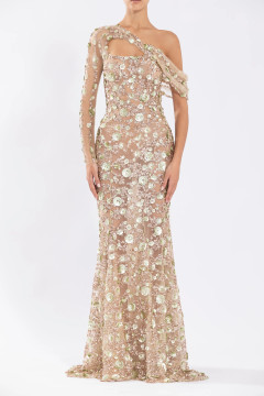 Tulle One Shoulder Gown with Beading and Tulle Tail Tulle One Shoulder Gown with Beading and Tulle Tail